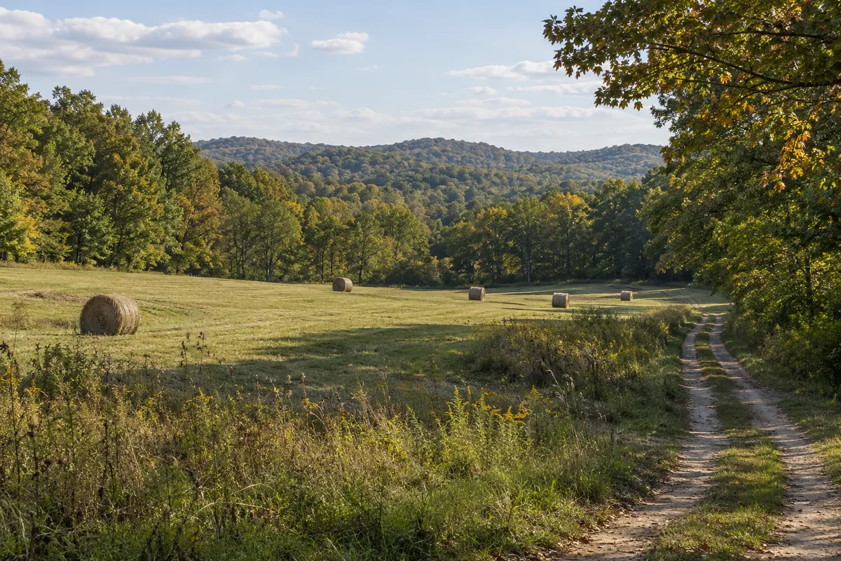 A rolling hay meadow beside hardwood trees and a narrow farm track