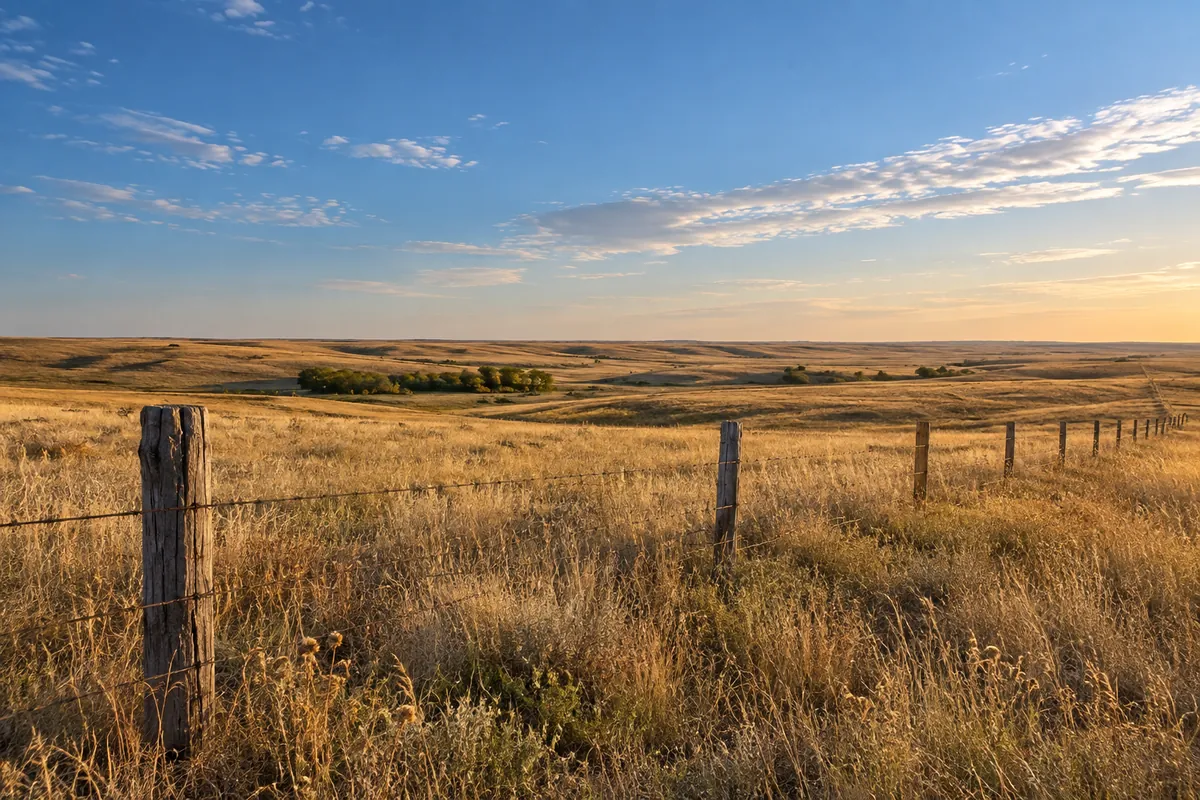Weathered fence posts beside golden prairie under a wide blue sky