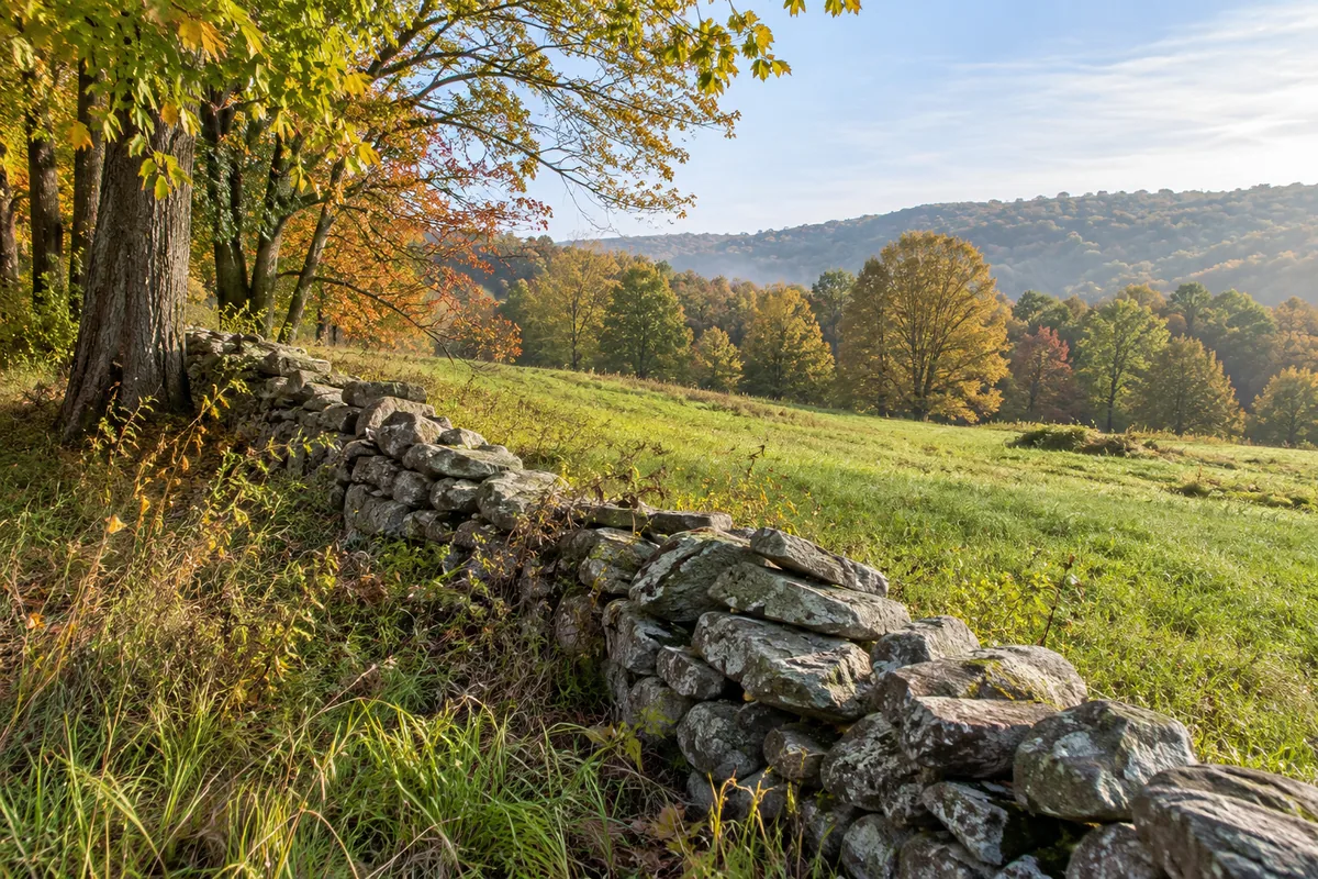 A weathered stone wall borders a grassy meadow and mixed woodland in early autumn