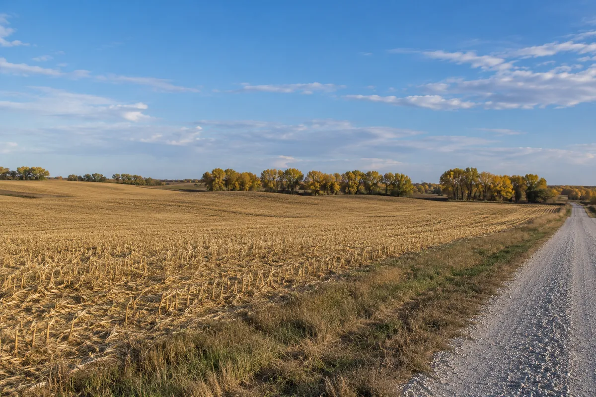 Harvested farm field beside a gravel road and a distant cottonwood tree line in east-central Nebraska