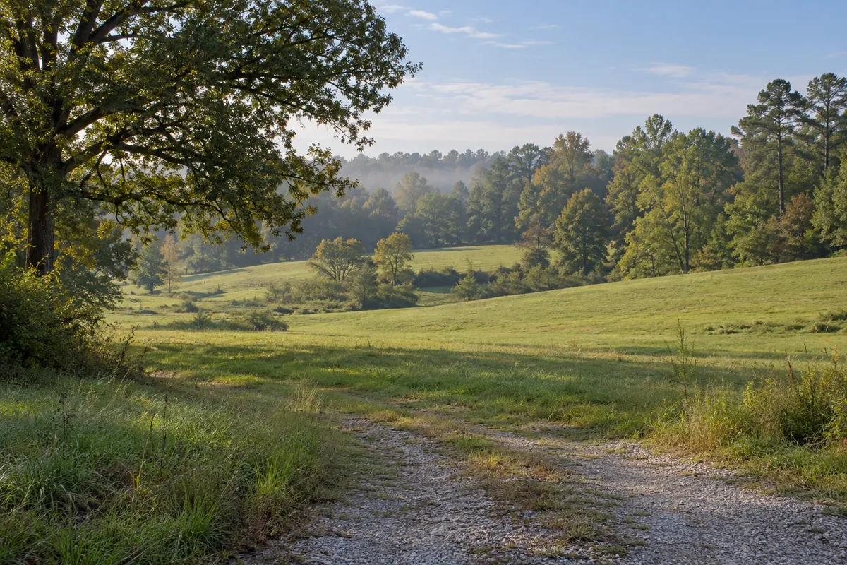 Gently rolling Louisiana pasture beside an oak and mixed woodland