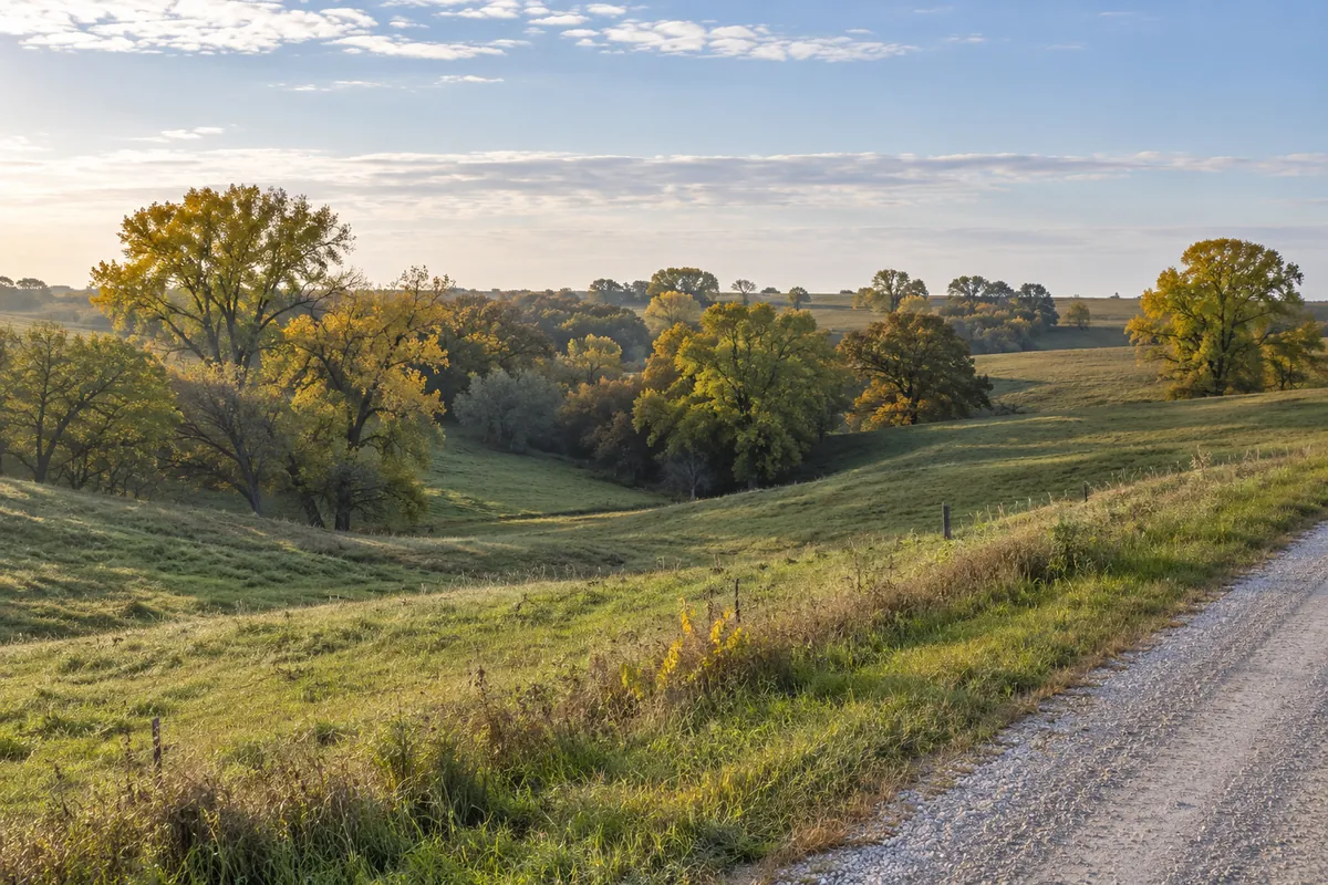 Rolling pasture beside a gravel lane and cottonwood trees in eastern Nebraska