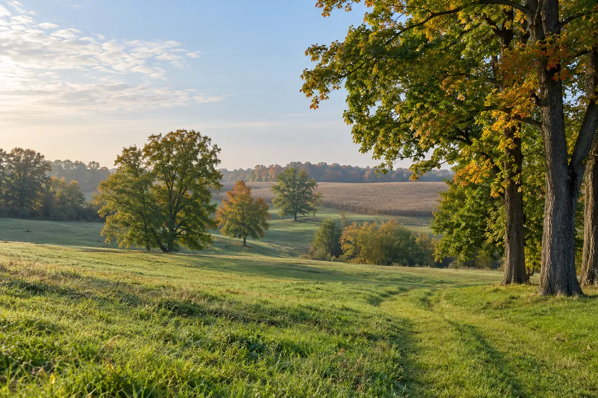A grassy track through a rolling meadow beside oak and maple trees