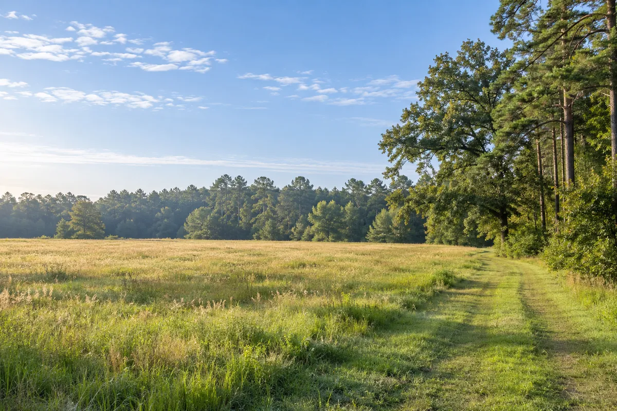 Grassy path beside an open meadow and pine and oak trees