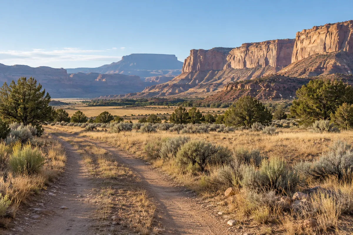 A dirt lane through dry grass and junipers below sandstone cliffs