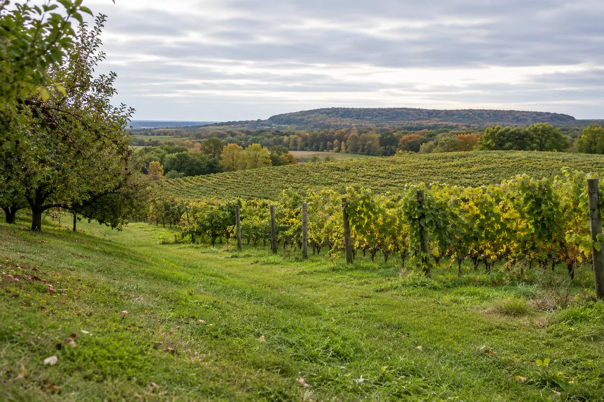 Autumn grape rows beside an orchard edge and a low wooded ridge