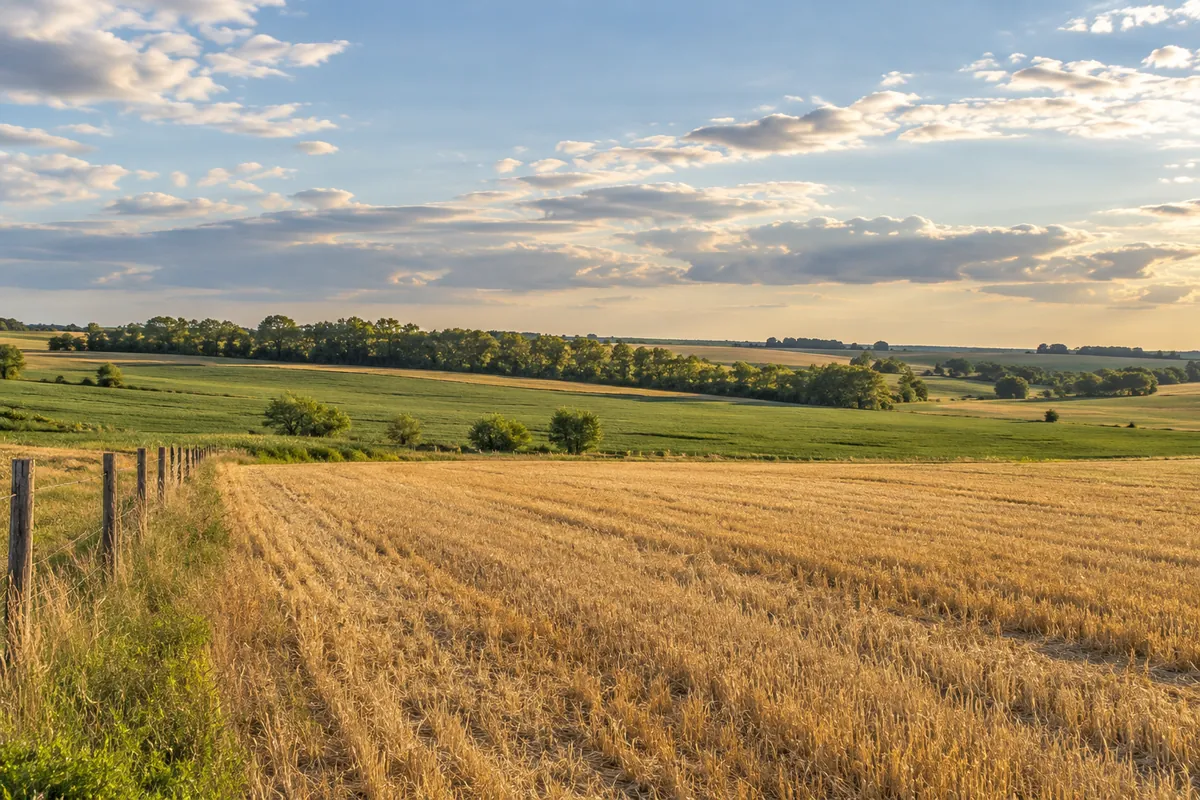 Harvested wheat field beside green pasture and a distant tree line