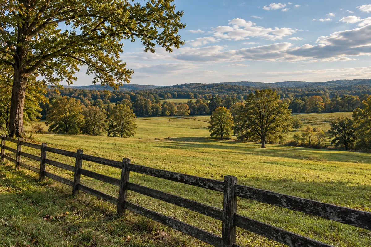 A weathered wooden fence overlooks rolling green pasture, scattered oak trees and low wooded ridges
