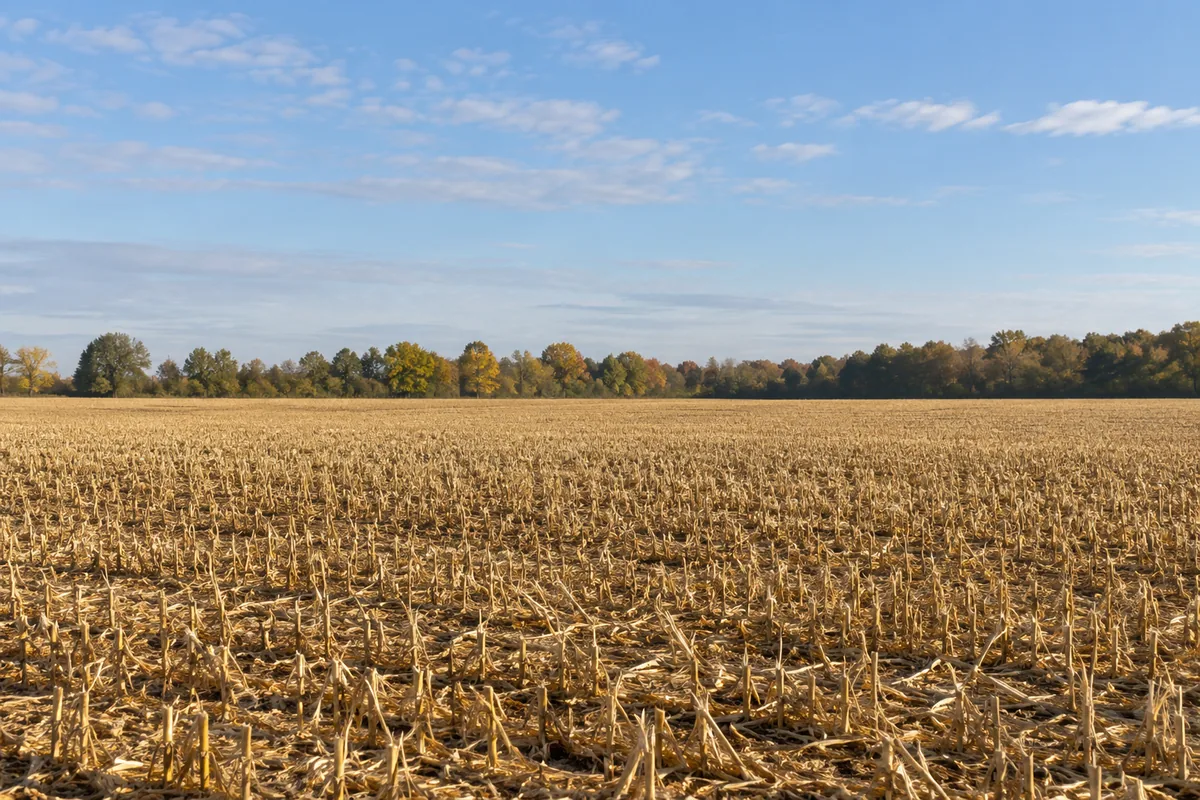 Golden crop stubble covers a level farm field beneath a distant autumn tree line