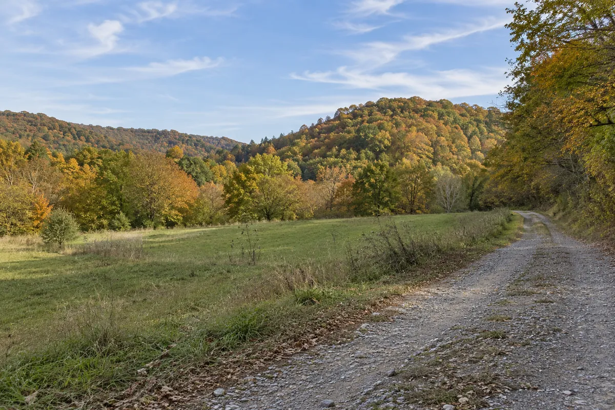 A grassy clearing and gravel lane beneath wooded Appalachian hills