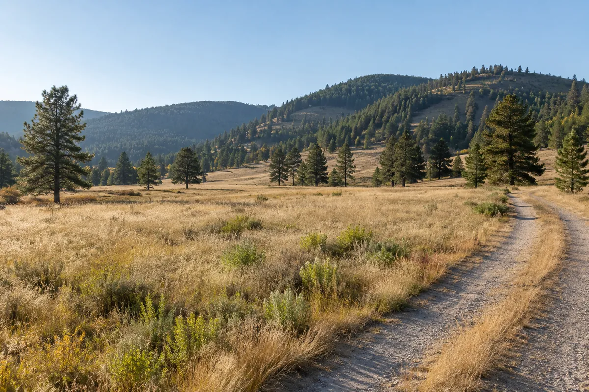 Golden meadow and rural track with scattered pine trees and wooded Washington hills