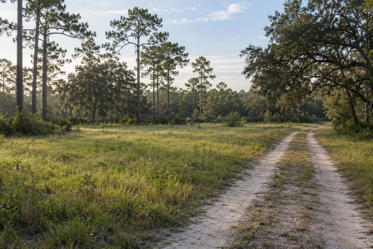 Flat grassy clearing and sandy lane among pines and live oaks in the Florida Panhandle