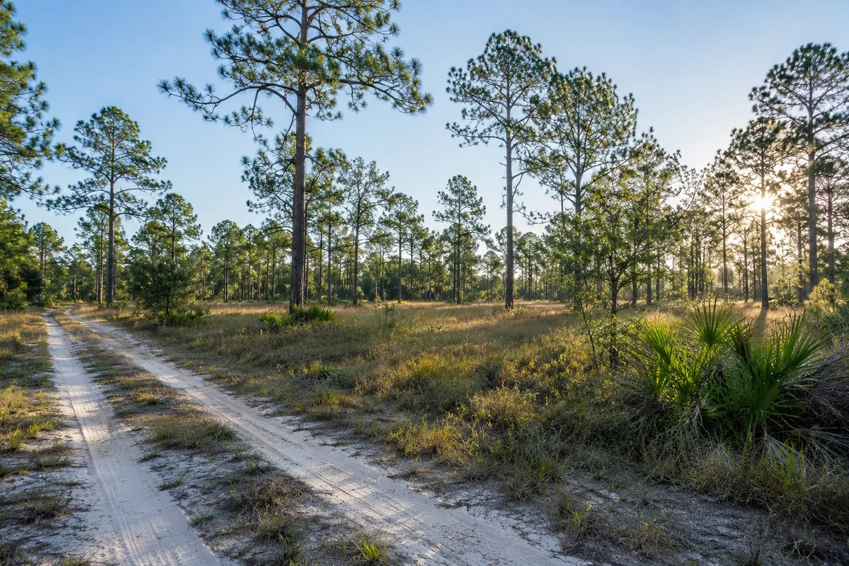 A sandy lane through open pine woods and palmettos