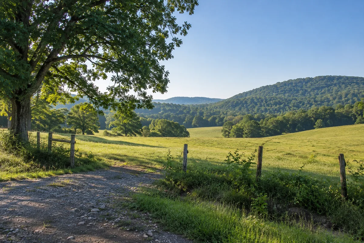 Open pasture and wooded hills beyond a wire fence and gravel entrance