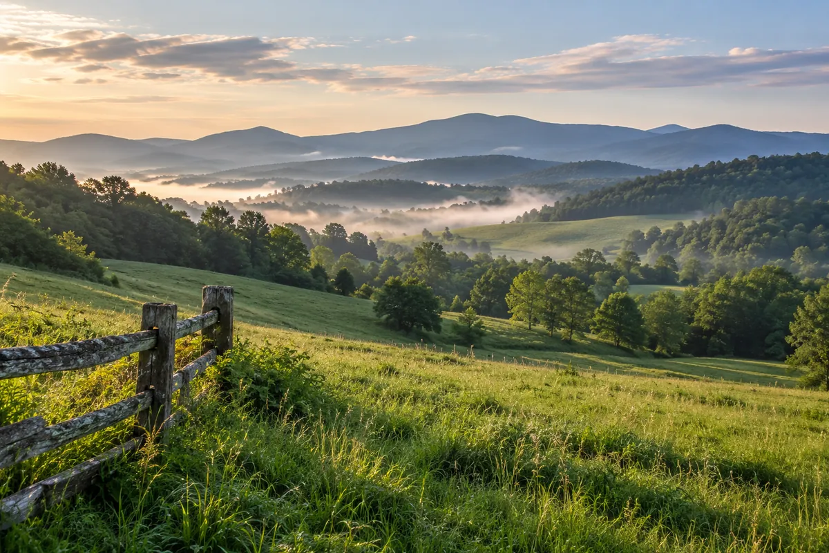Green hillside pasture with a wooden fence and wooded ridges beyond