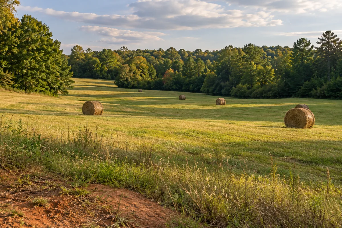 Round hay bales across a rolling field bordered by pine and hardwood trees