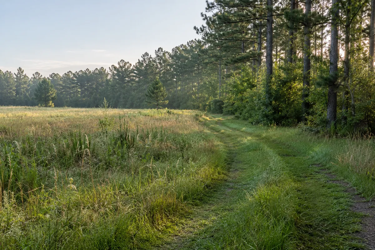 Grassy track beside a meadow and pine woods