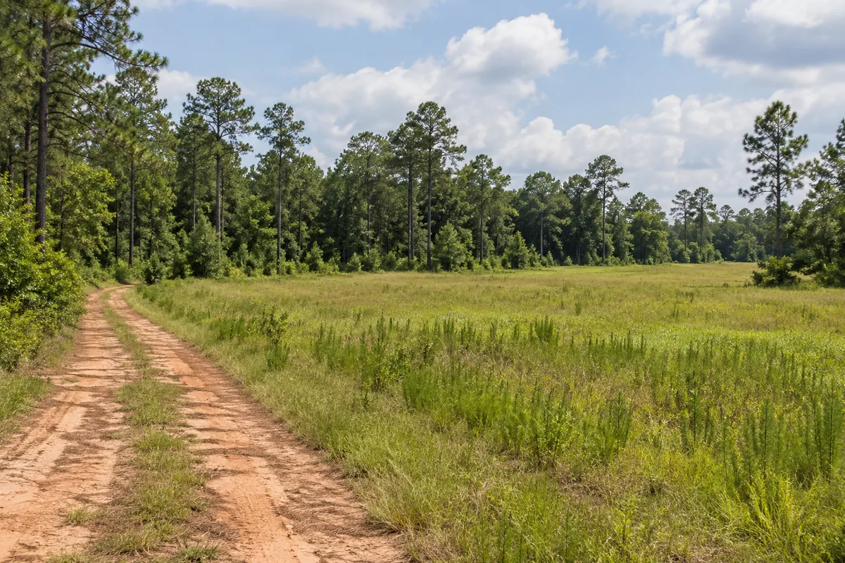 Sandy track beside an open grassy field and pine trees