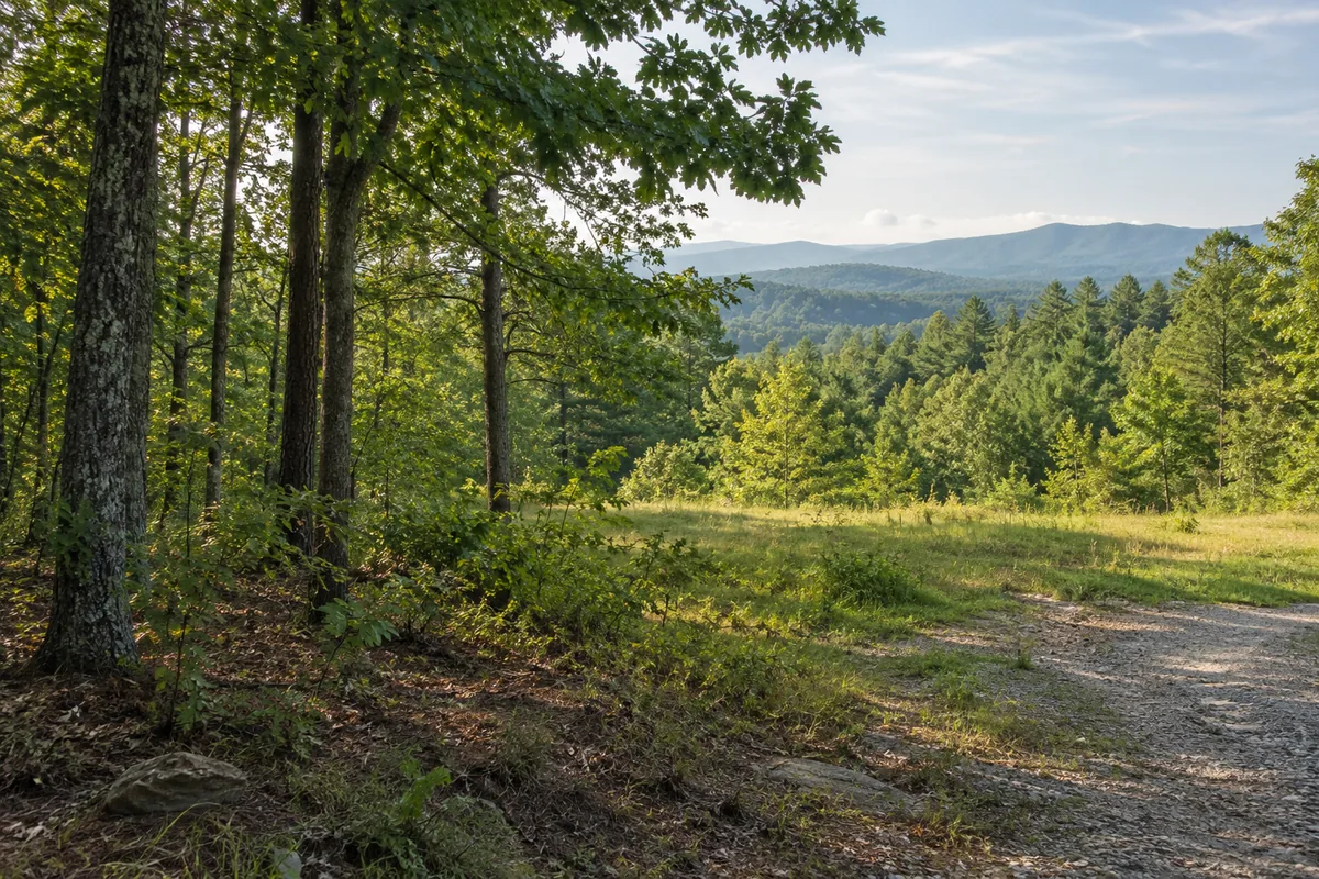 Oak and pine trees beside a grassy clearing and gravel drive in rolling foothills