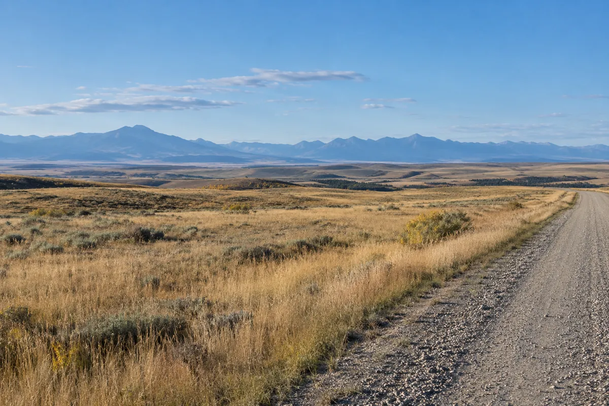 Golden prairie beside a gravel road with distant blue mountains