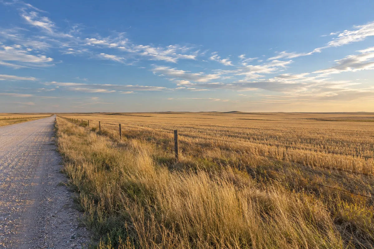 Golden open prairie beside a wire fence and straight gravel road