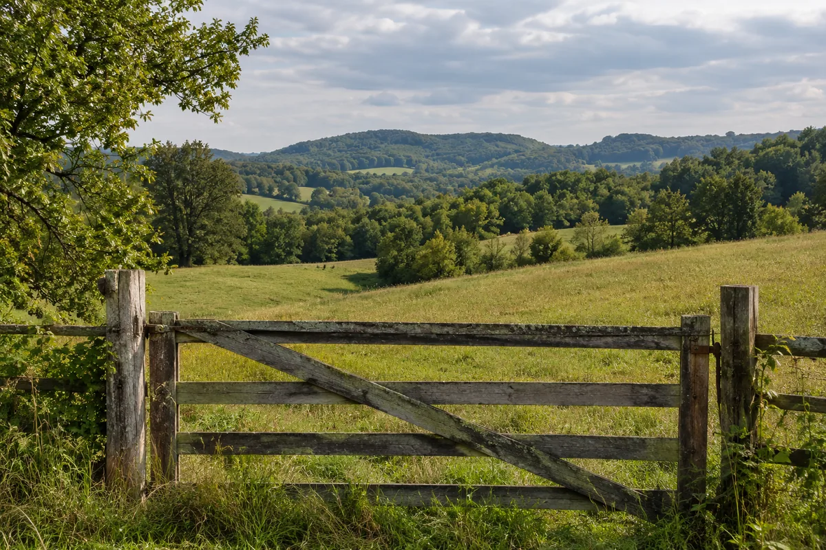 Farm gate overlooking rolling pasture and wooded hills