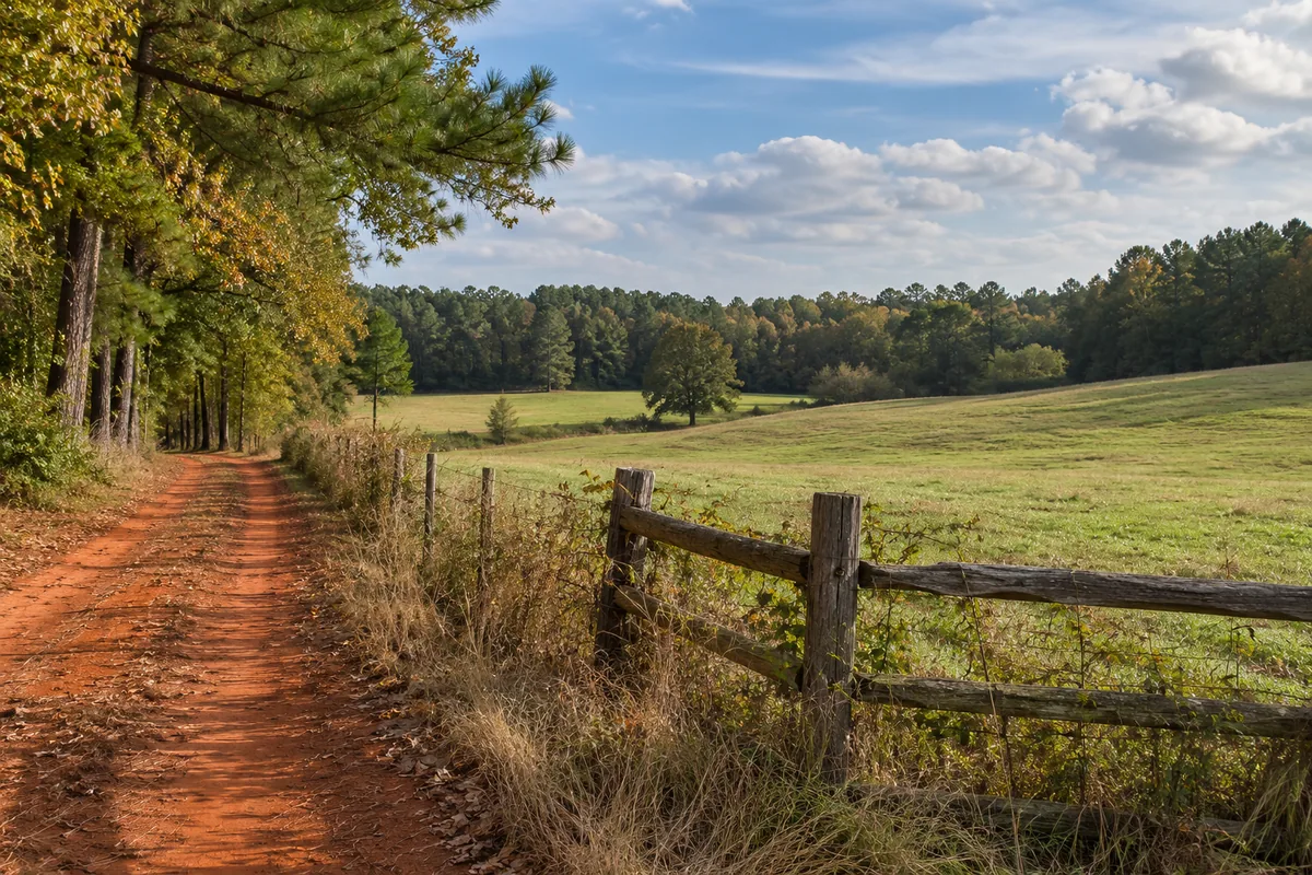 A red-clay farm lane beside a rolling field and a pine and hardwood tree line