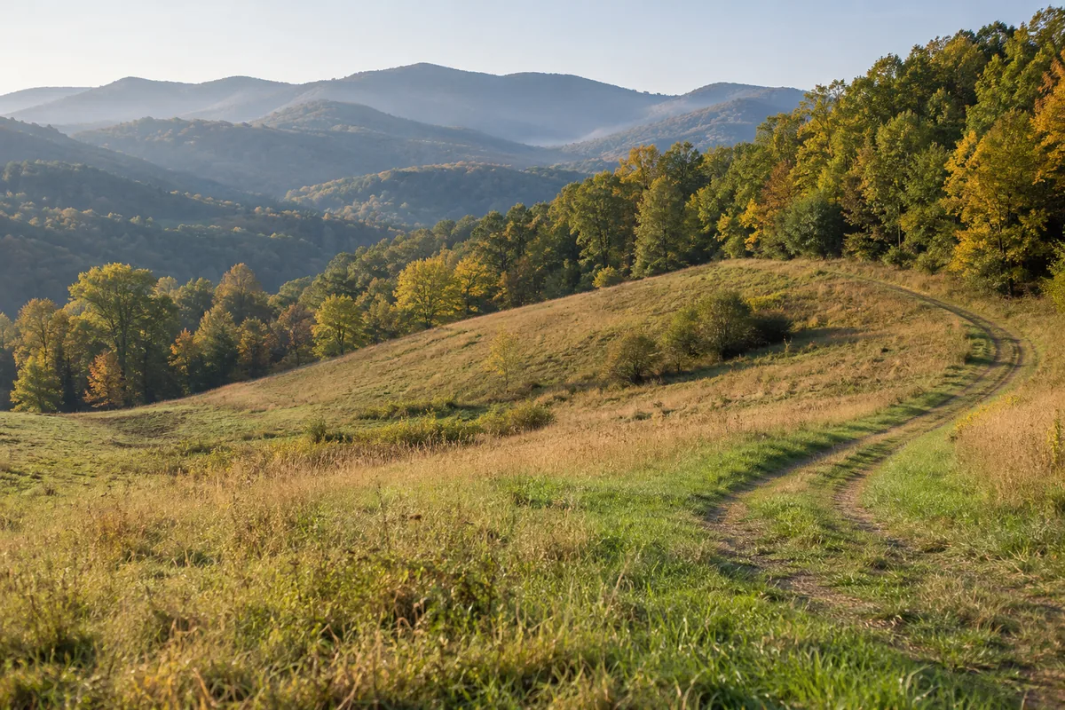 A hillside pasture curves toward wooded ridges with autumn leaves