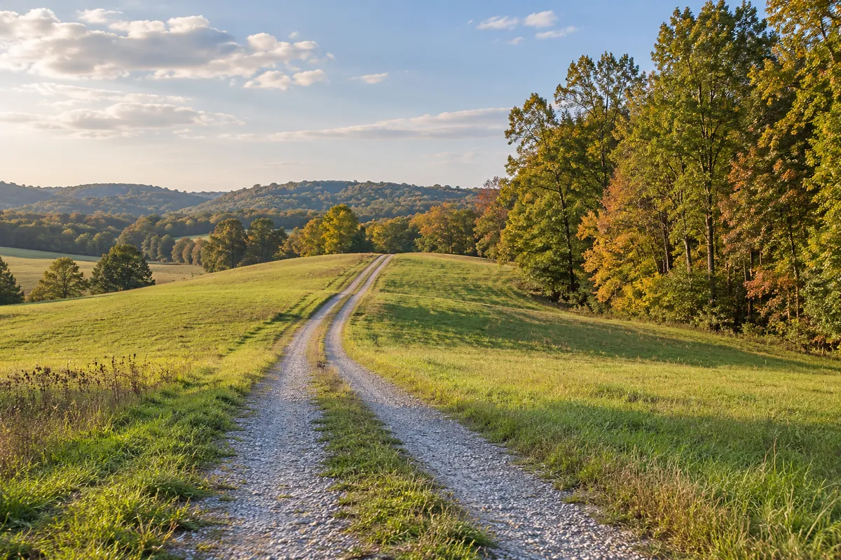 Gravel farm track crossing a green pasture beside leafy trees