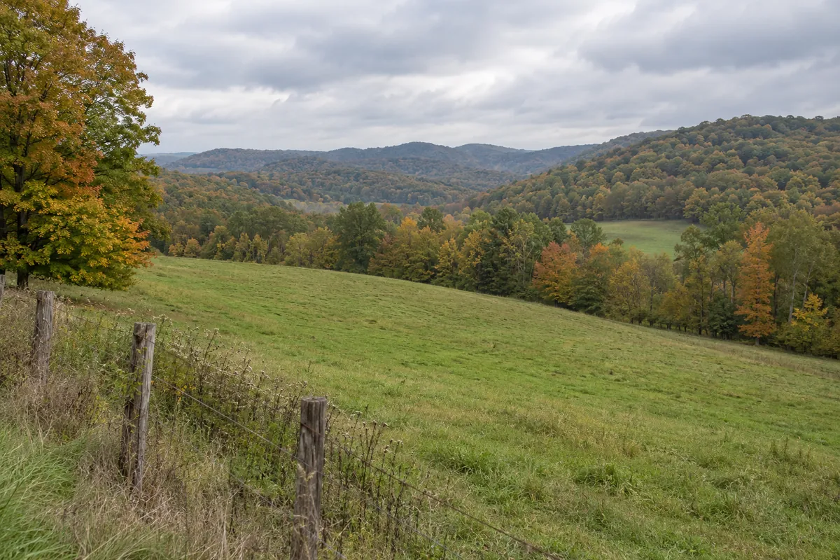 Rolling pasture with a fence and wooded autumn hills in eastern Ohio