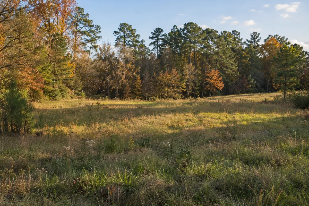 An open grassy clearing at the edge of pine and hardwood trees