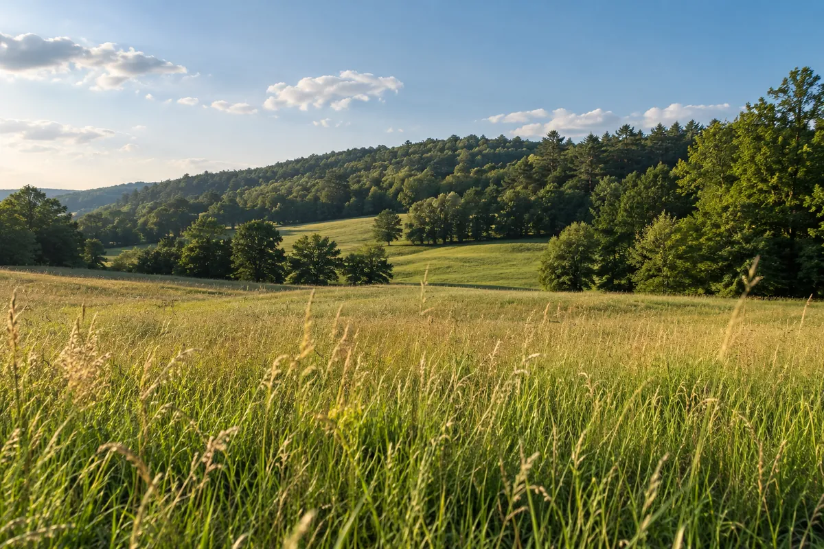 Rolling meadow with golden grass below a wooded ridge