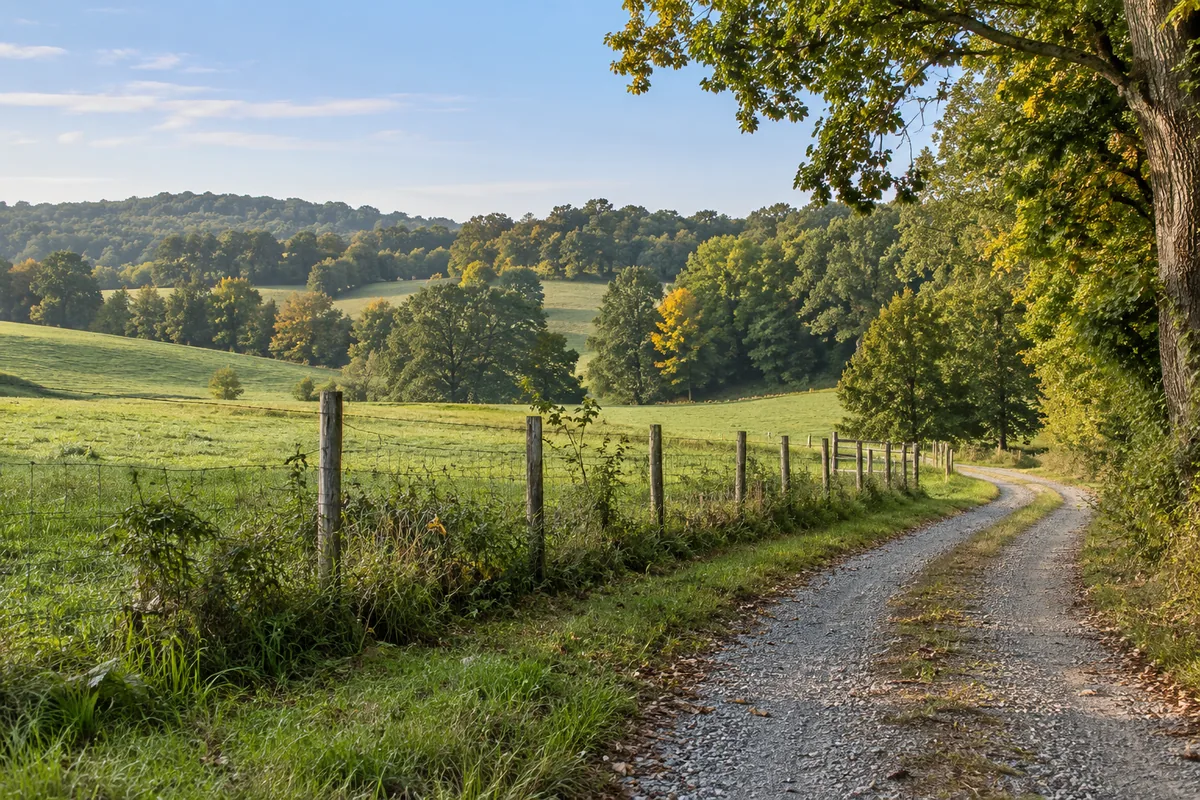 Maryland pasture beside a gravel lane, wire fence and oak woods