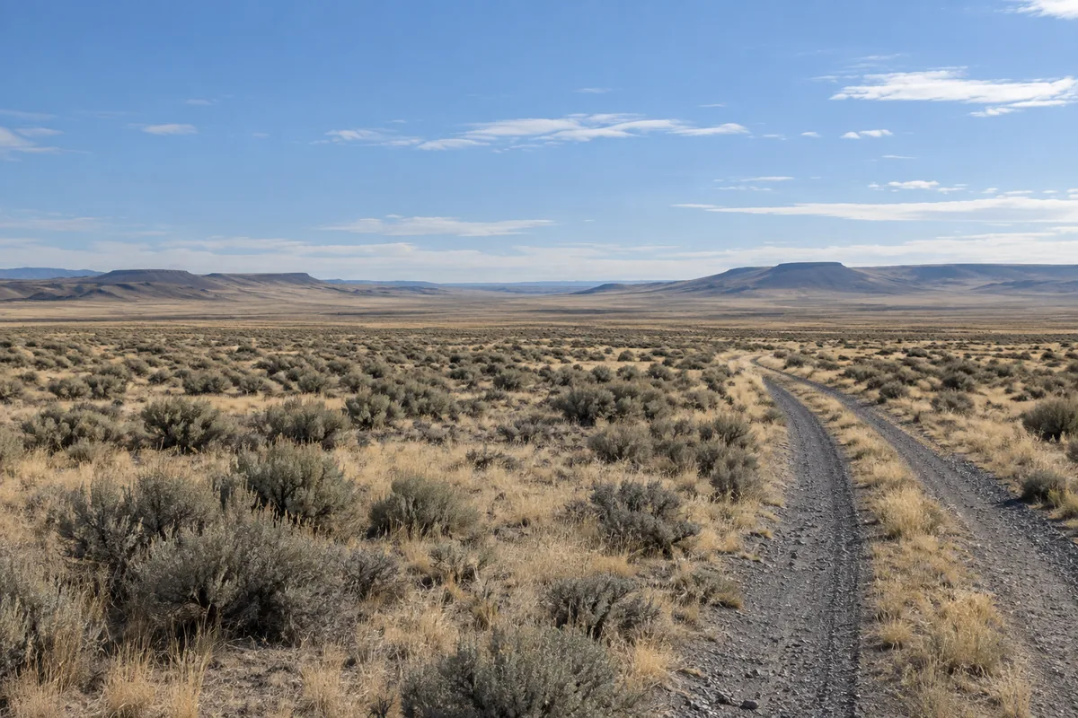 Gravel track crossing open sagebrush grassland with low hills in the distance