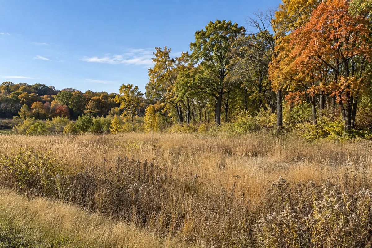Autumn meadow bordered by trees with gold and orange leaves
