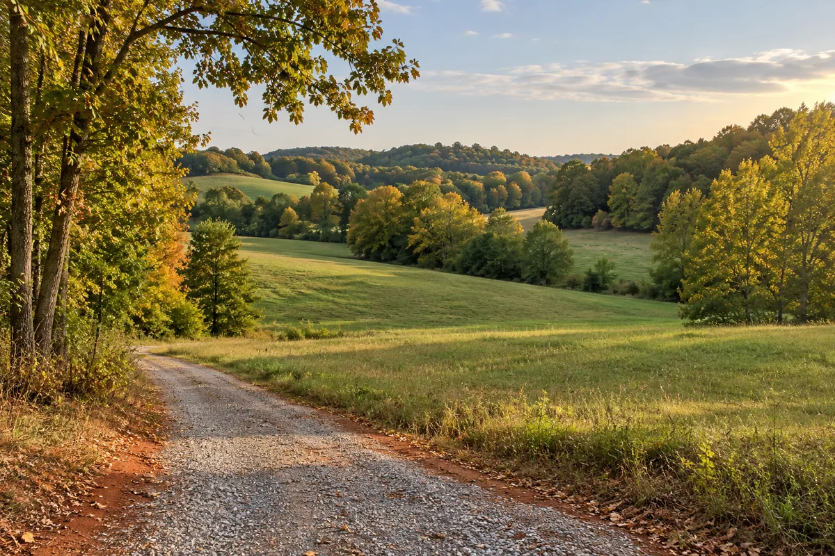 Gravel entrance beside rolling meadow and hardwood trees