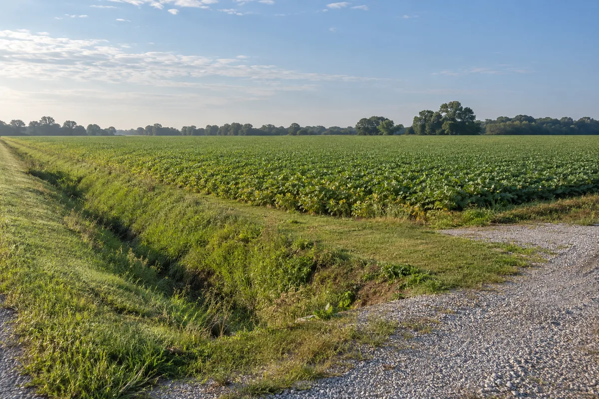 A grass-lined drainage ditch beside a level soybean field and distant Ohio tree line
