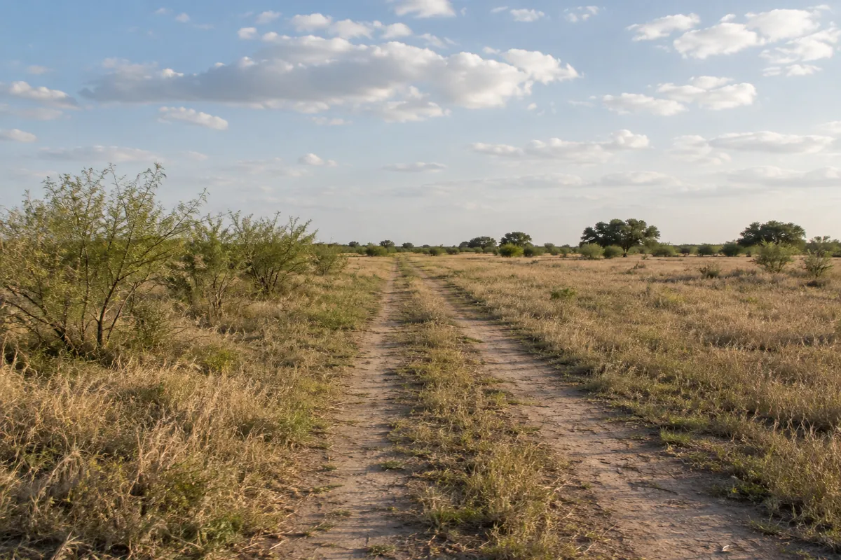 An unpaved farm track beside a level South Texas field and low brush