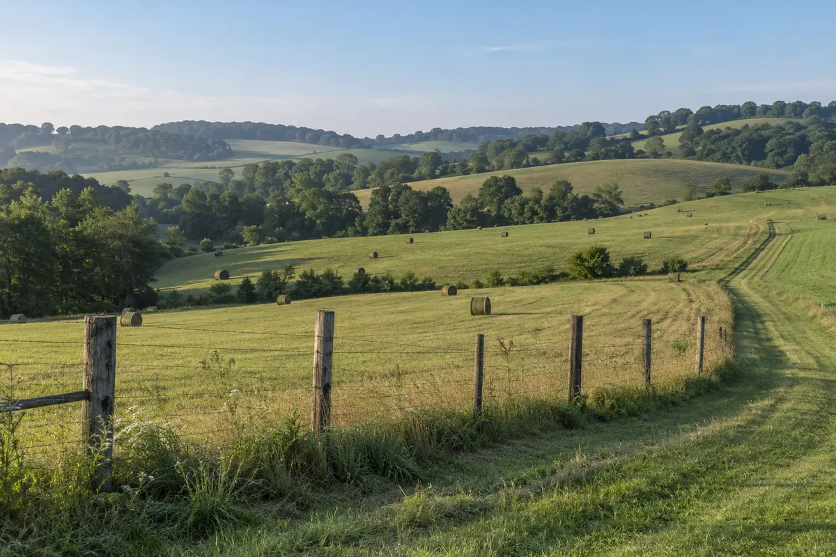 Rolling green fields with a simple fence and wooded hills beyond