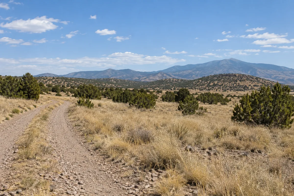 Gravel track through dry grass and scattered juniper trees, with mountains beyond