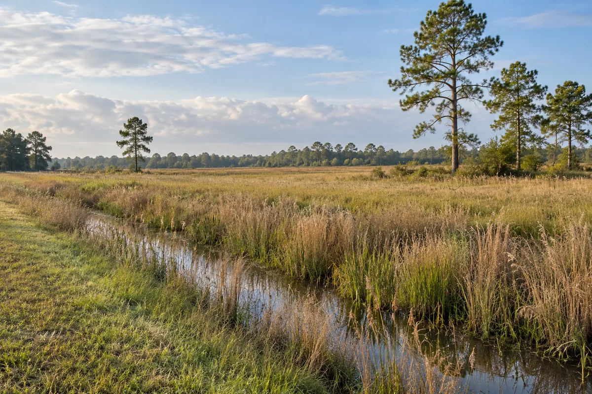A shallow ditch borders a flat grassy field with scattered pine trees