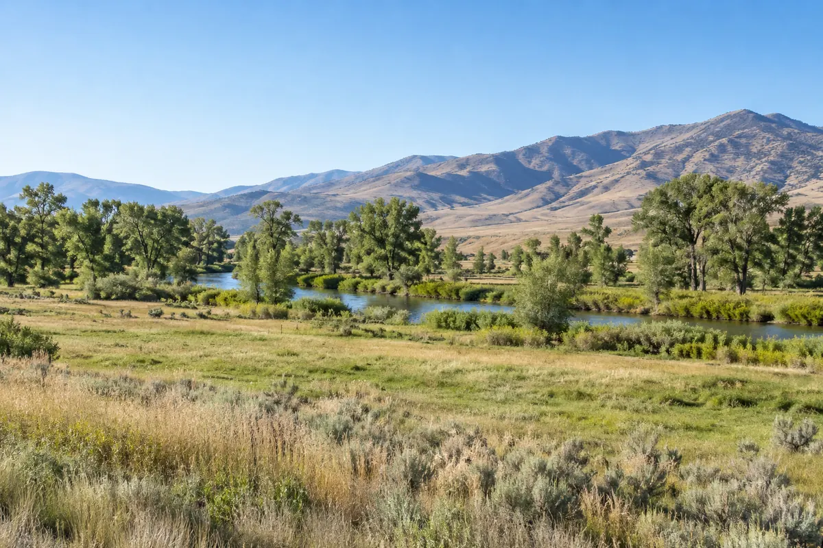 An open pasture with cottonwood trees and distant hills