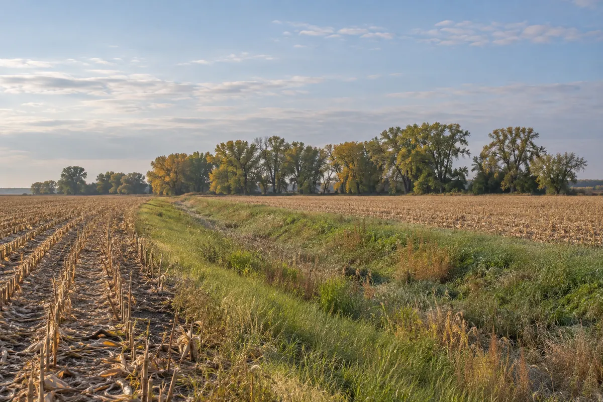 Harvested farm fields beside a grassy drainage swale and autumn trees