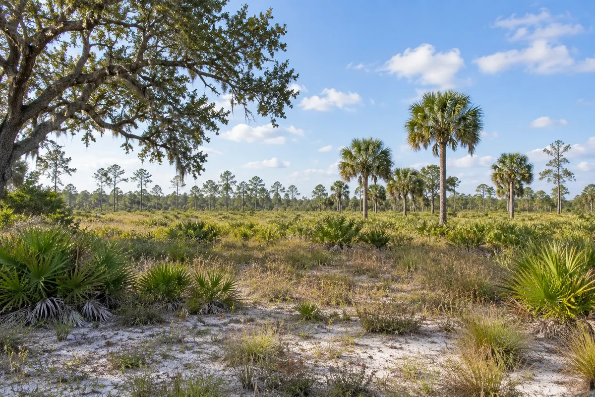 Palmettos and cabbage palms grow across an open sandy meadow beneath a spreading oak
