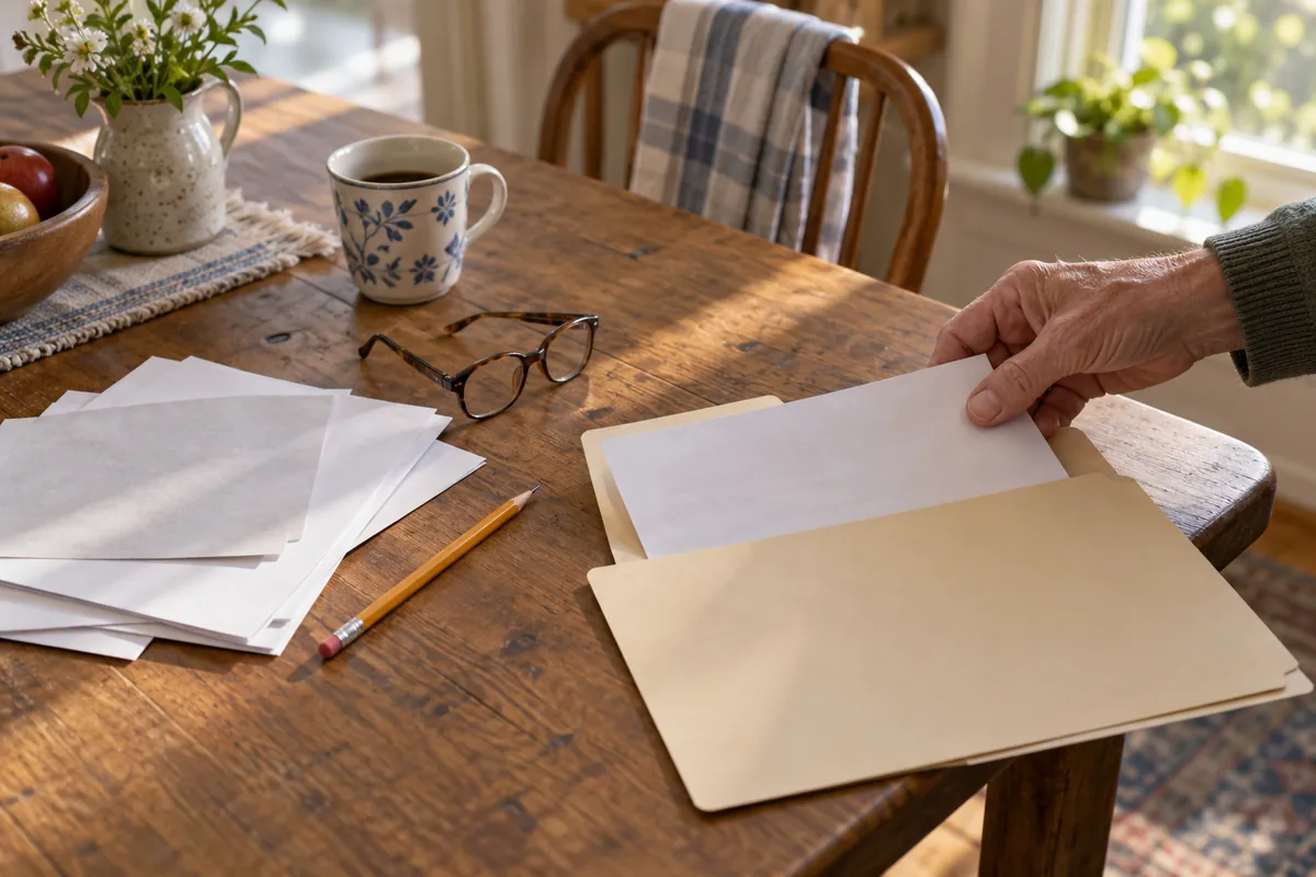 A hand placing a paper in a folder beside reading glasses and a mug