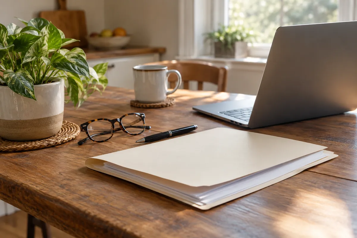 Folder, reading glasses and laptop on a sunny kitchen table