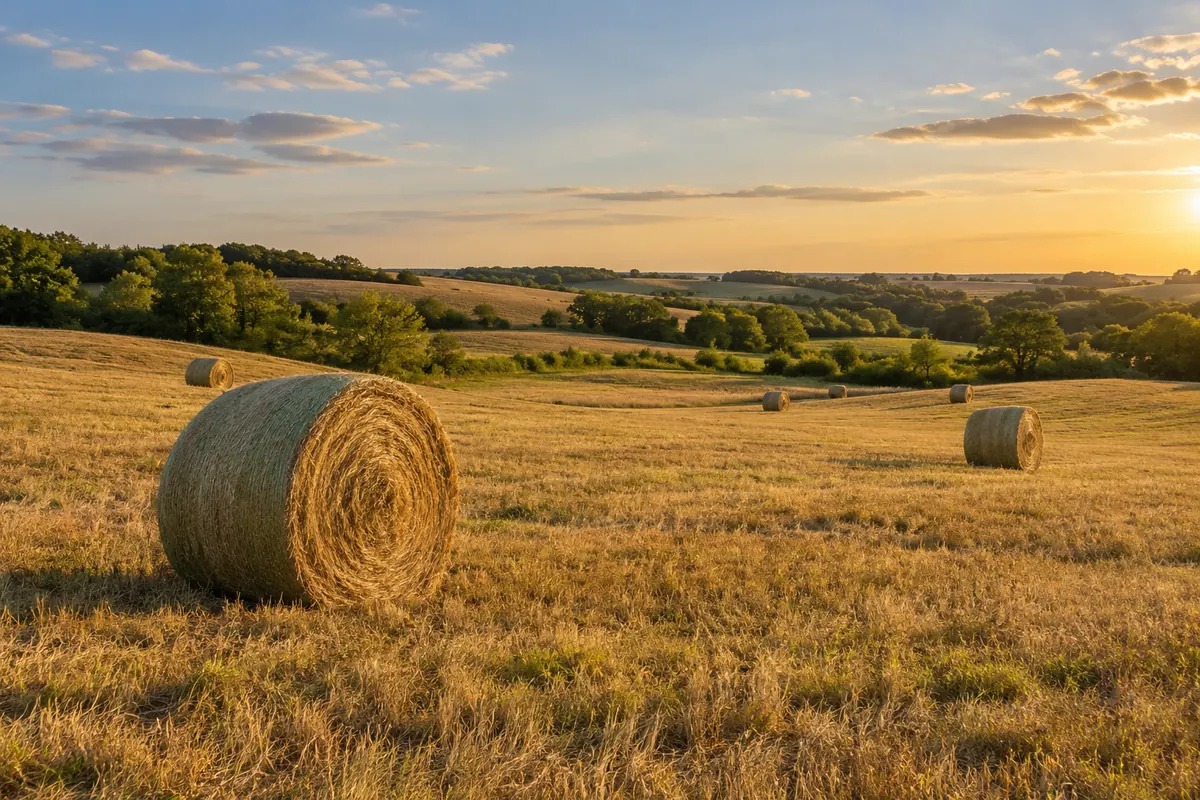 Open hay field with a tree line along the edge