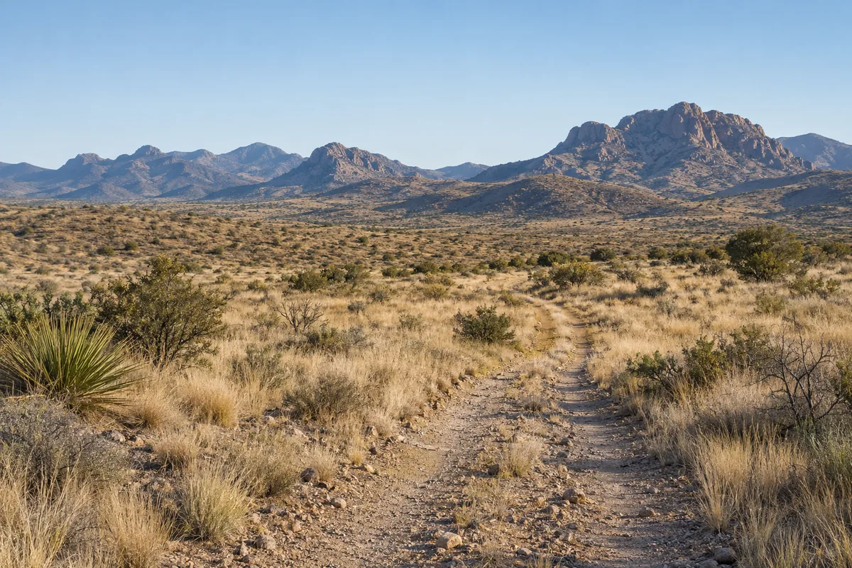 An unpaved track across dry grassland toward distant rocky hills