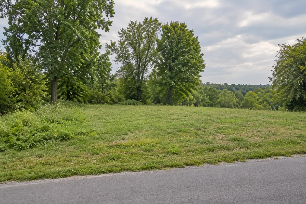 A grassy roadside lot with mature hardwood trees and gently rolling ground