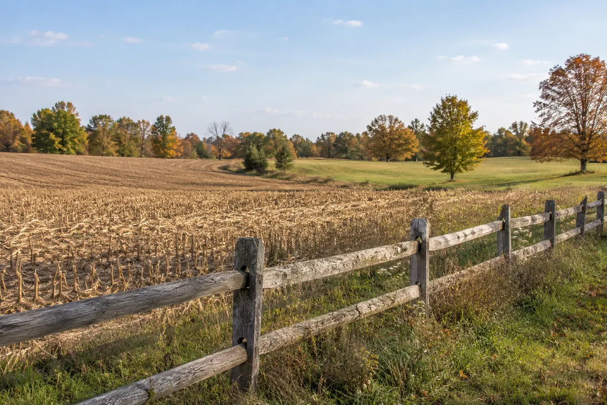 Wooden fence beside a harvested field and autumn trees